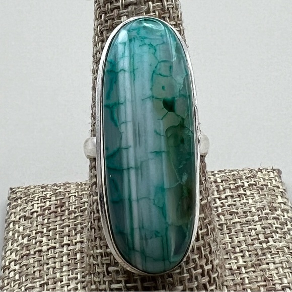 New Green Enhanced Botswana Dragon Vein Agate Stone Silver Overlay Ring Size 8.5 - Picture 5 of 10